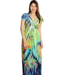 Multicolor Tie Dye Maxi Dress Women M Short Sleeve Boho Y2K Grunge V-Neck NEW